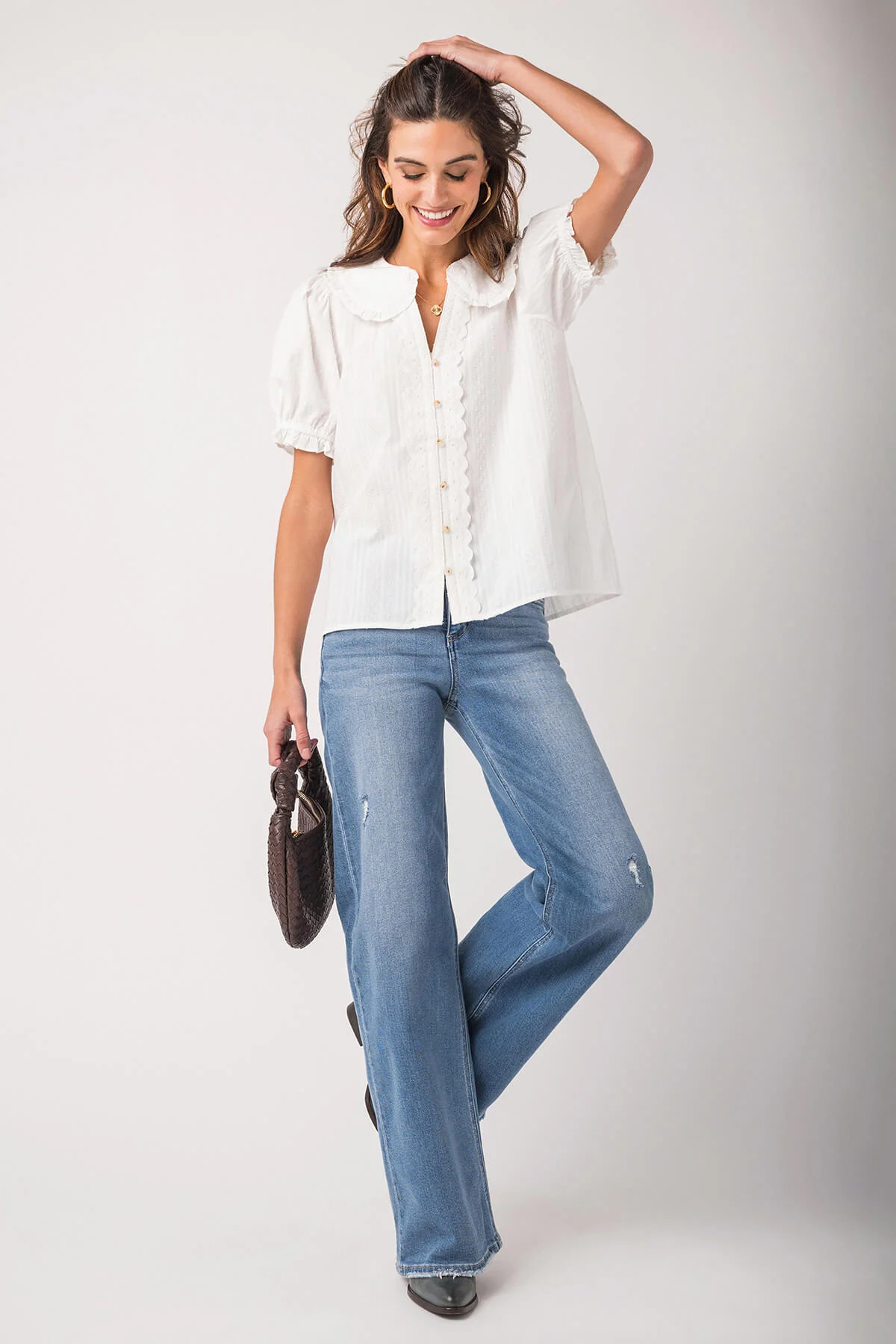 Gigio Short Puff Sleeve Blouse with Peter Pan Collar | Social Threads