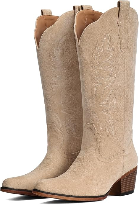 Suede Cowboy Boots for Women Mid Calf Cowgirl Boots with Embroidered, Retro Snip Toe Chunky Heel ... | Amazon (US)