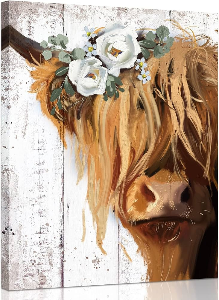 Highland Cow Canvas Wall Art: Cow with White Flower Picture Farmhouse Cow Decor Framed Poster for... | Amazon (US)