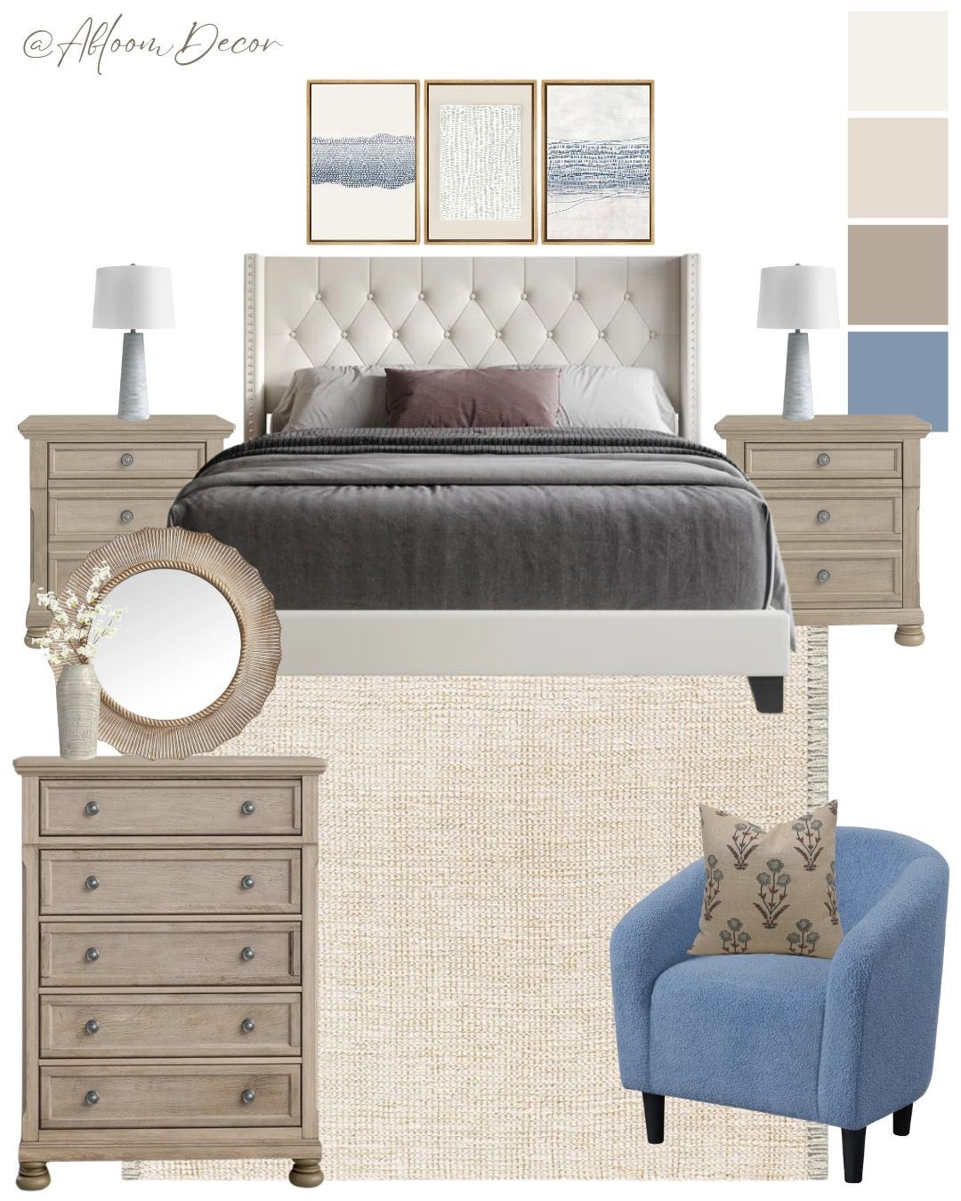This bedroom design combines soft neutrals with calming blue accents and has a mix of upholstered furniture, rustic wood finishes, and cozy textiles.

#LTKHome