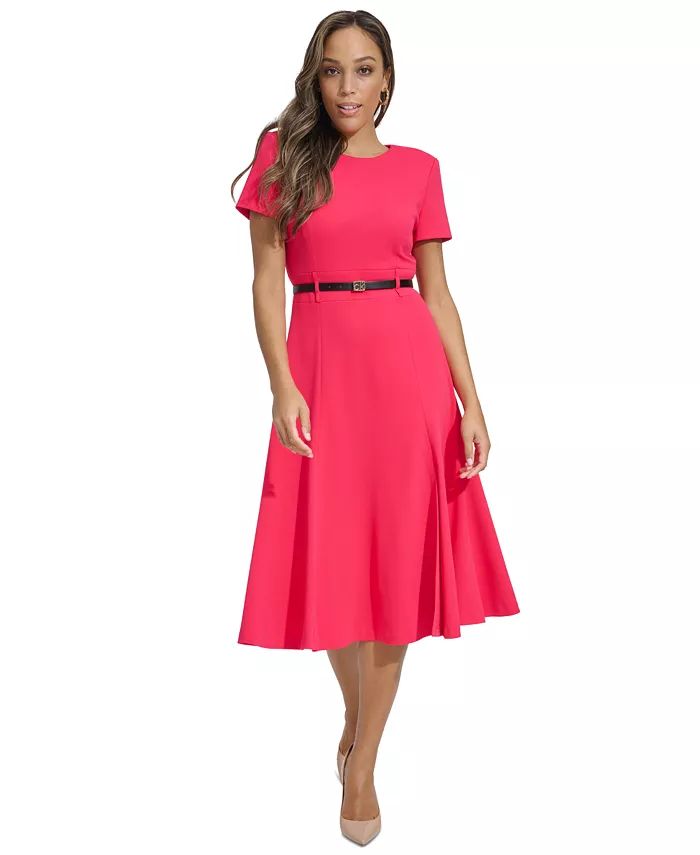 Calvin Klein Plus Size Belted A-Line Short-Sleeve Dress - Macy's | Macy's