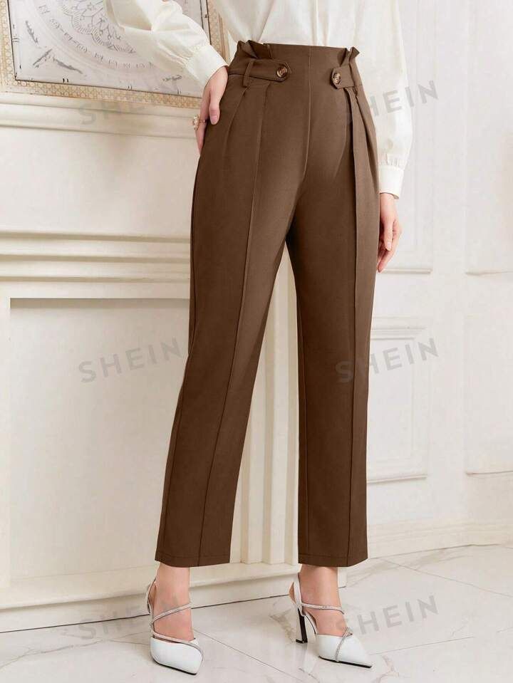 SHEIN Modely Pleated Button-Decorated Cone Pants With Back Zipper | SHEIN