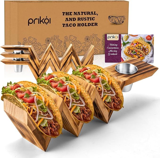 Taco Holders with Sauce Bowl - Wooden Taco Stand Rack Tray Style, Food Grade Taco Display Plate, ... | Amazon (US)