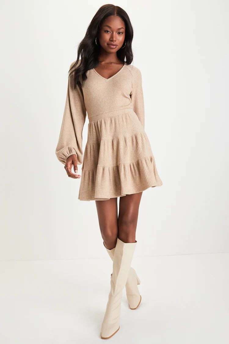 Adorable Option Heather Beige Long Sleeve Mini Sweater Dress | Lulus