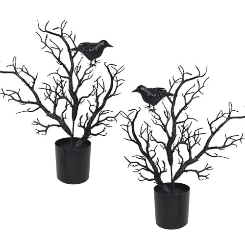 FlyingMage 2PCS Halloween Black Tree Decorations Indoor Outdoor, Halloween Black Spooky Tree Branches with Crows for Home Window Table Centerpiece Fireplace Halloween Party Decorations | Amazon (US)