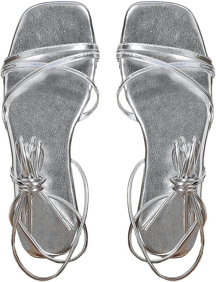 OYOANGLE Women's Lace Up Strappy Flat Sandals Metallic Summer Square Open Toe Sandal Tie Up Shoes | Amazon (US)