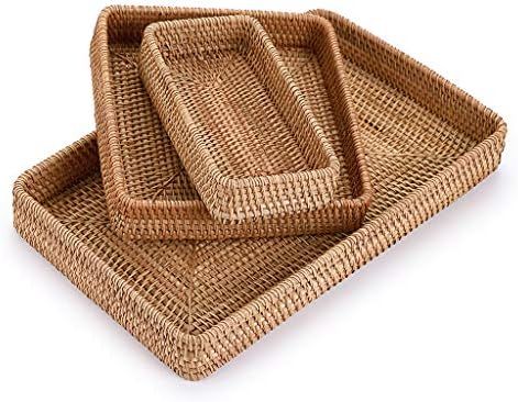 Hipiwe Set of 3 Rattan Wicker Serving Tray - Handmade Rectangle Serving Organizer Tray, Tabletop ... | Amazon (US)