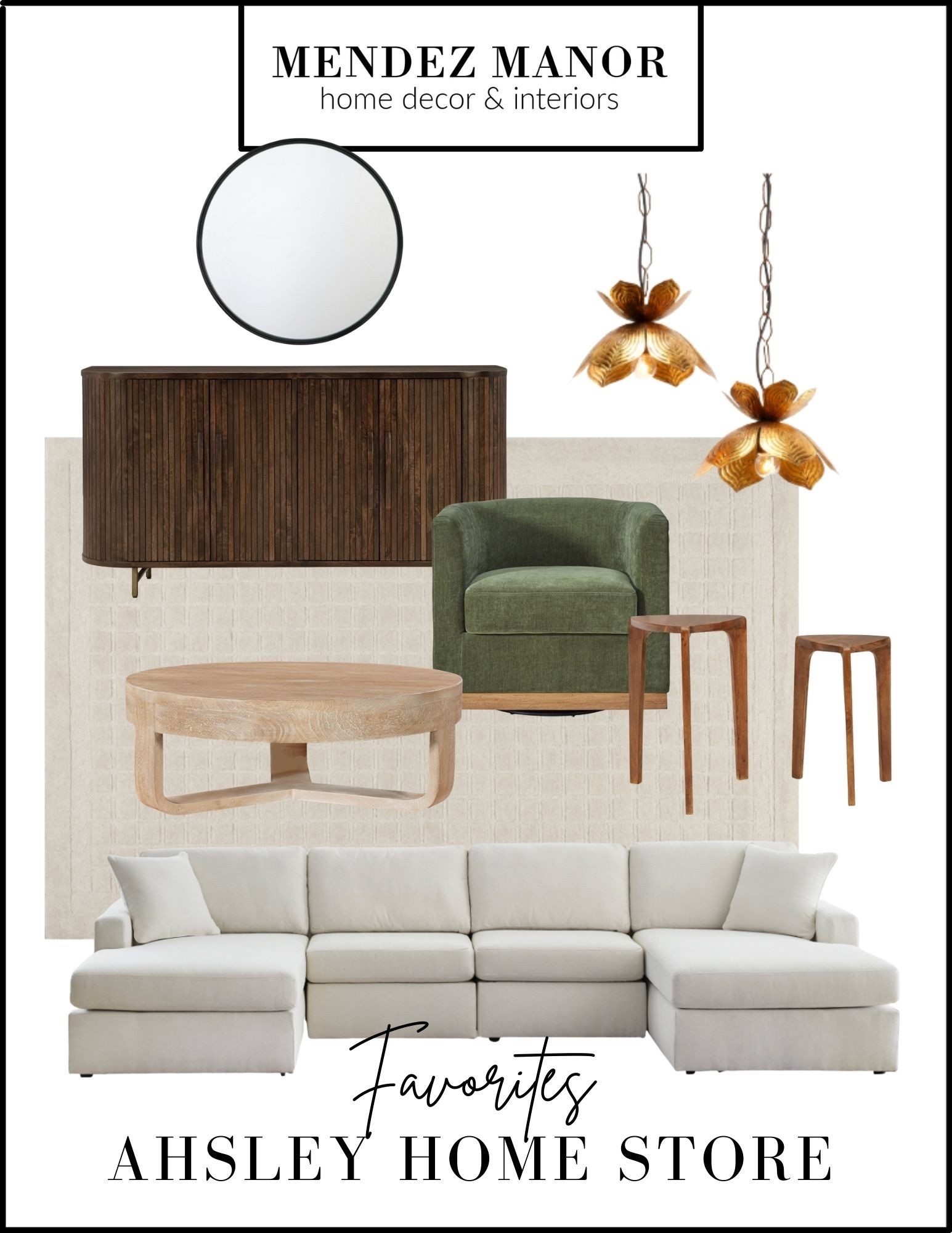 Furniture favorites from Ashley Home Store including the Larce Sectional in performance fabric color Dune. A beautiful reeded sideboard. This light wood round coffee table and hunter green velvet side chair. We also love this neutral beige area rug. 

#LTKHome #LTKmomlife