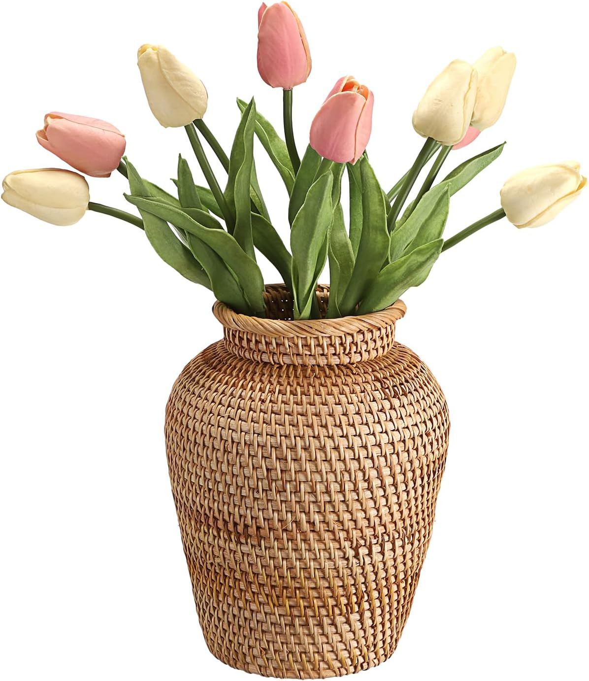 JUXYES Tabletop Woven Rattan Vase for Flowers, Rustic Country Style Rattan Basket Vase, Farmhouse... | Amazon (US)