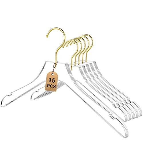 Besser 15 Pack Acrylic Hangers with Gold,Acrylic Clear Hangers,Premium Crystal Dress Hangers Swivel Gold Hook Luxurious Shiny Clothes Hangers(Clear-Style A) | Amazon (US)