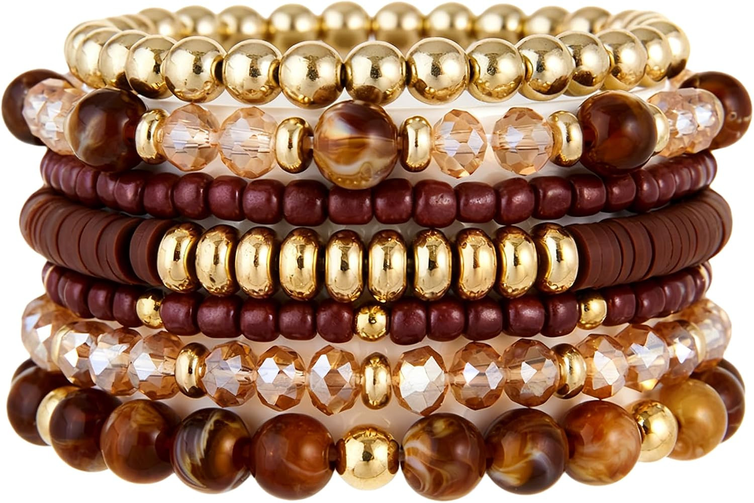 LOTSOF Boho Multilayer Beaded Bracelets Set for Women - Vintage Gold & Brown Stackable Stretch Br... | Amazon (US)