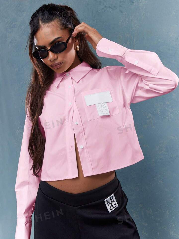 MISSGUIDED Embroidered Logo Label Pocket Detail Crop Shirt Blouse College Ready | SHEIN USA | SHEIN