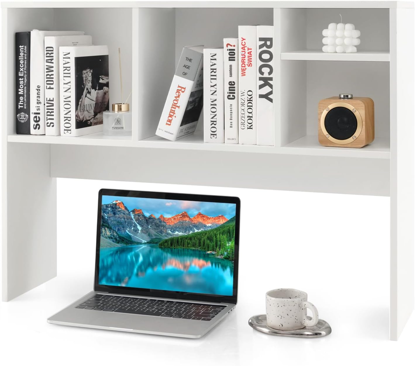 Tangkula Desktop Bookshelf, Countertop Storage Hutch with 4 Shelves for Computer Desk, Desktop 2-Tier Display Rack, Multipurpose Wood Desktop Hutch Storage Organizer for Dorm Office Home (White) | Amazon (US)