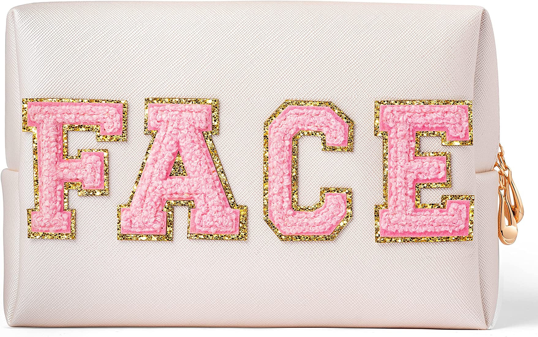 Y1tvei Preppy Patch FACE Letter Cosmetic Toiletry Bag PU Leather Portable Makeup Bag Sewn with Ch... | Amazon (US)