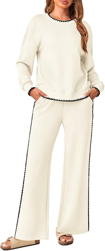 MEROKEETY Women's 2 Piece Outfits Sweatsuit Set Crewneck Sweatshirt Wid Leg Sweatpants Fall Loung... | Amazon (US)