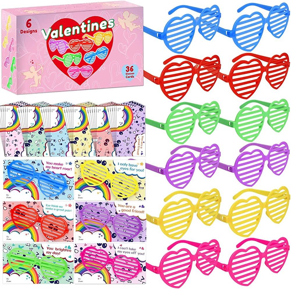 36 Pack Valentines Day Cards with Heart Shaped Glasses for Kids - Valentines Day Bulk Toy Gift Se... | Amazon (US)