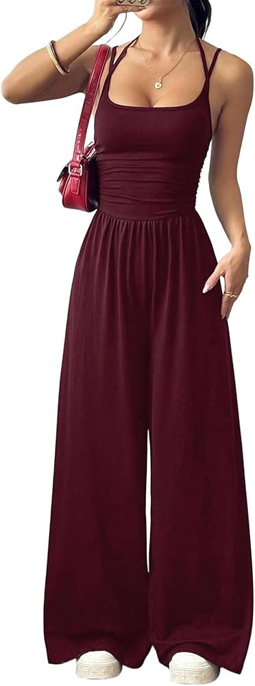 Women\u2019s Wide Leg Jumpsuit, Backless Spaghetti Strap Sleeveless One Piece Outfit, Dressy Casu... | Amazon (US)