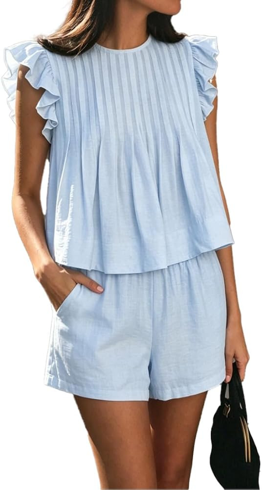 Women Ruffle Sleeve Pleated Tops And Shorts Set Cotton 2 Piece Sets | Amazon (US)