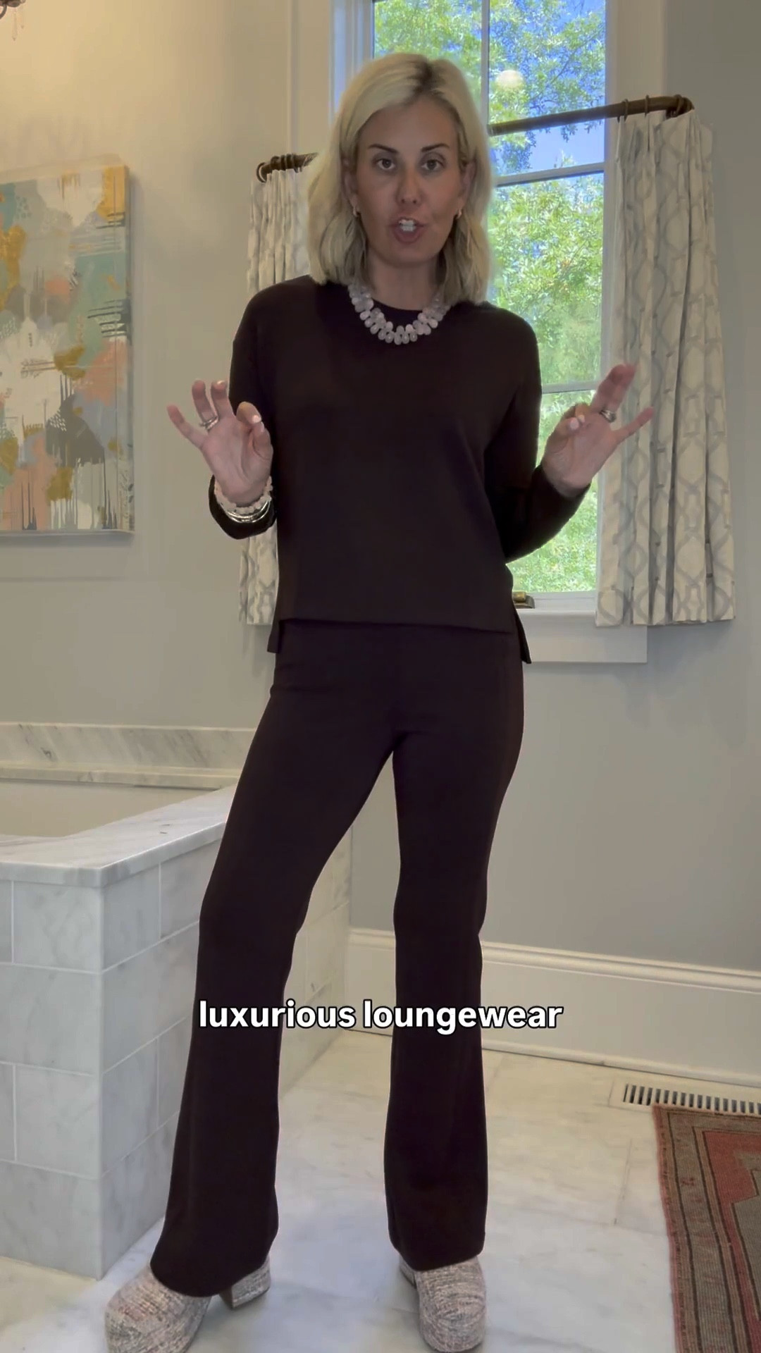 Spanx is seriously luxurious loungewear!  You can totally be casual or easily elevate your look! 

Crewneck- xs
Long sleeve tee- s
Short sleeve tee- xs
Booty boost legging - 7/8 small 
Slim Flare- s petite
Half zip dress - s 
Barrel pant - s petite 

#LTKOver40 #LTKmomlife #LTKgrwm