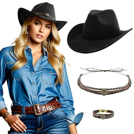 WoWstyle Cowboy Hat for Adult Men Women Cowgirl Hat with Adjustable Leather Hat Band Western Cattleman Cow Boy Rodeo Outfit(Black) | Walmart (US)