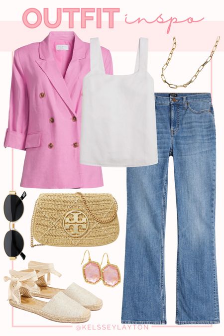 Outfit idea, Walmart fashion, pink blazer, white tank, pink Kendra Scott, woven bag 

#LTKStyleTip #LTKSeasonal #LTKFindsUnder50