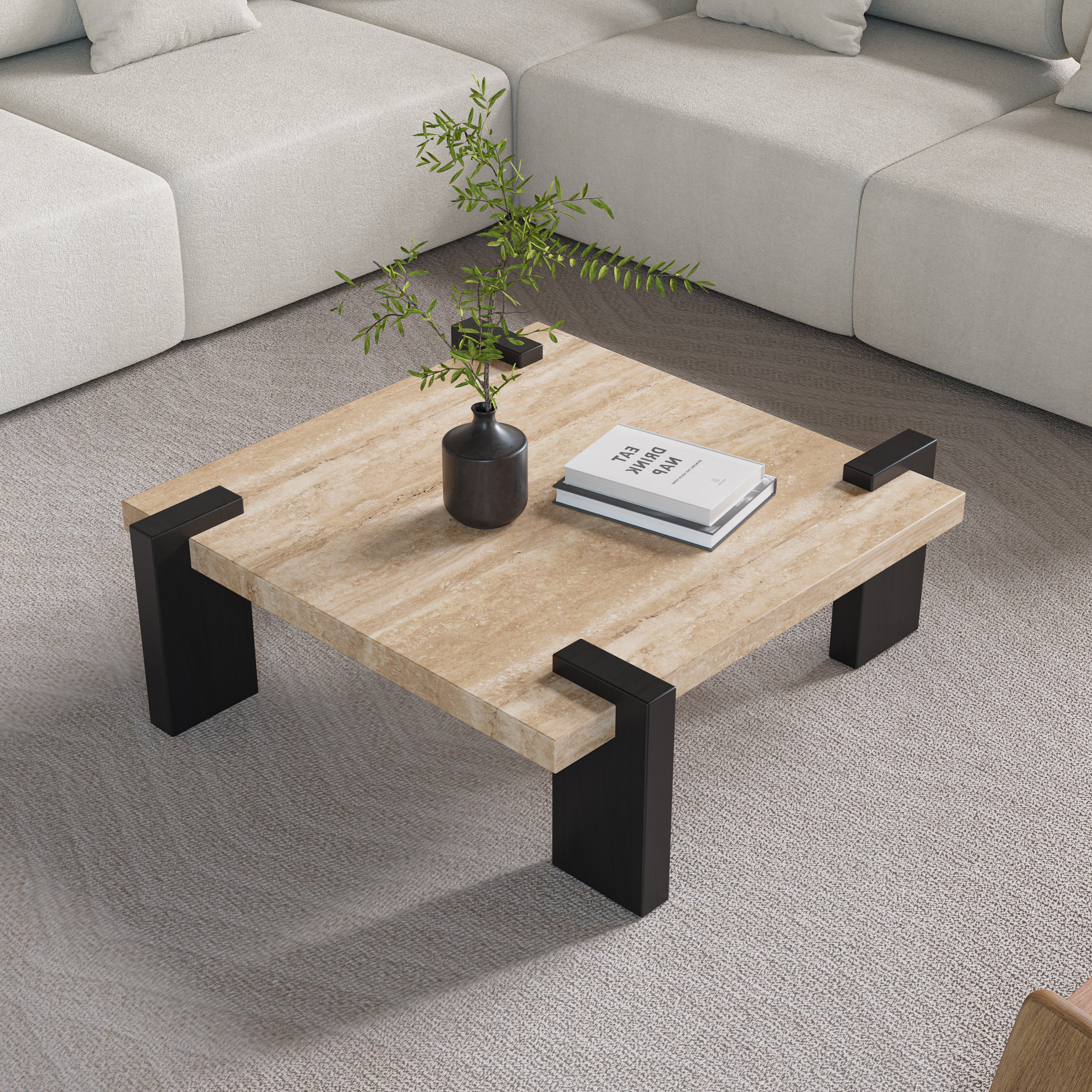 Modern Beige & Natural Travertine Veneer Top Coffee Table with Solid Wood Legs | Homary