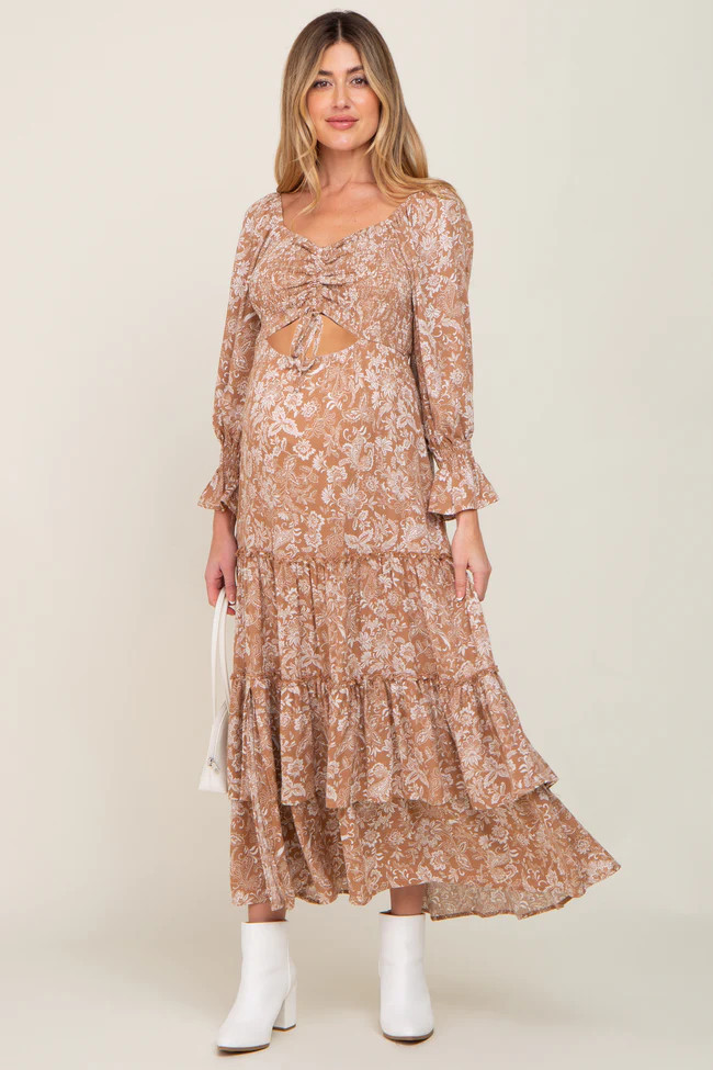 Beige Floral Cutout Smocked Tiered Maternity Maxi Dress | PinkBlush Maternity
