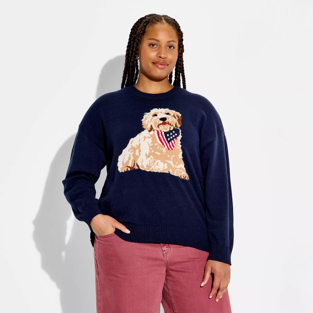 Women's Americana Dog Long Sleeve Graphic Pullover Sweater- Blue 2X | Target