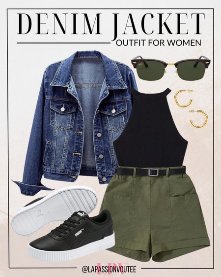 Effortlessly cool: Rock your denim jacket with a rib-knit halter top and shorts set for a laid-back yet stylish vibe. Elevate the look with hoop earrings and trendy sunglasses, then finish with Puma Carina sneakers for a sporty-chic edge. Perfect for a day out with friends or casual outings.

#LTKstyletip #LTKfindsunder100 #LTKSeasonal