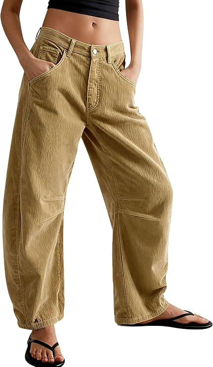 utcoco Womens Corduroy Mid Rise Barrel Jeans Casual Vintage Wide Leg Pants Y2k Baggy Boyfriend Tr... | Amazon (US)