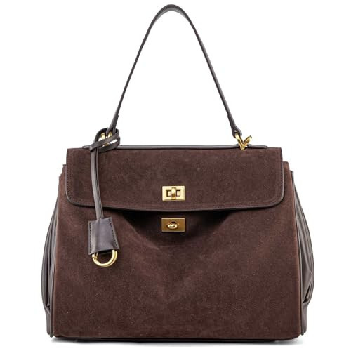NGGU Suede & Leather Tote Bag for Women,Soft Leather Shoulder Handbags for Ladies,Satchel Purse for Travel Work & Medium & Coffee Suede & Gold Clasp | Amazon (US)