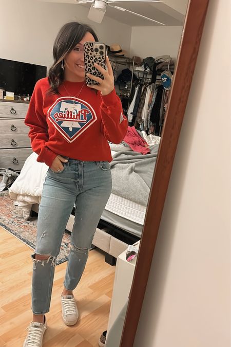 baseball season ⚾️♥️
jeans tts 26r 
sweatshirt is crystal rags 

p448 are last season tagged some on sale & 25% off on their site  

#LTKSeasonal #LTKunder100