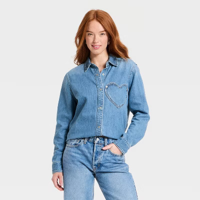 Women's Valentine's Day Relaxed Heart Pocket Denim Shirt - Universal Thread™ Vintage Medium Wash L | Target