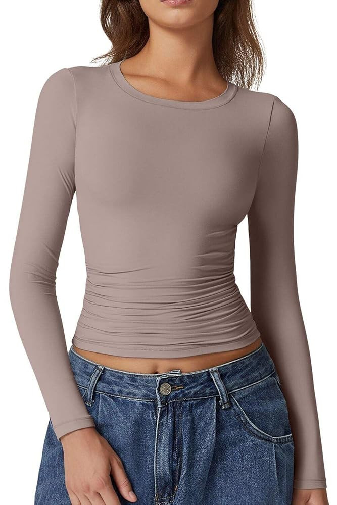 QINSEN Womens Crewneck Long Sleeve Shirt Double Lined Basic Tees Side Ruched Going Out Crop Tops | Amazon (US)