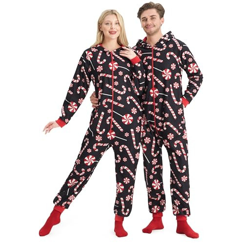 Giggling Getup Women Adults Christmas Pajamas with Hood, Loose Candy Canes Pattern Christmas Pajamas for Holiday Pajamas Jumpsuits-M | Amazon (US)