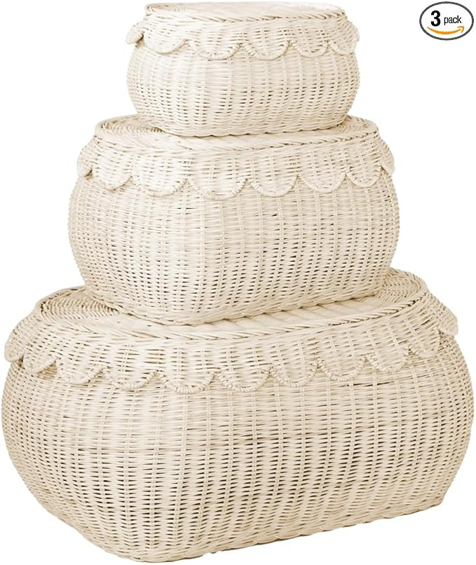Large Scalloped Basket Set Of 3 - Hand Woven Scallop Basket - 22 x 16 x 10 In - Scalloped Wicker ... | Amazon (US)