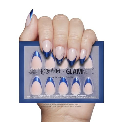 Harry Potter™ x Glamnetic Press On Nails - Ravenclaw™ | Blue Chrome French Tip Eagle Graphic Short Almond False Nails, Reusable Stick On Fake Nails with Glue | Salon Quality | 15 Sizes - 30 Nail Kit | Amazon (US)