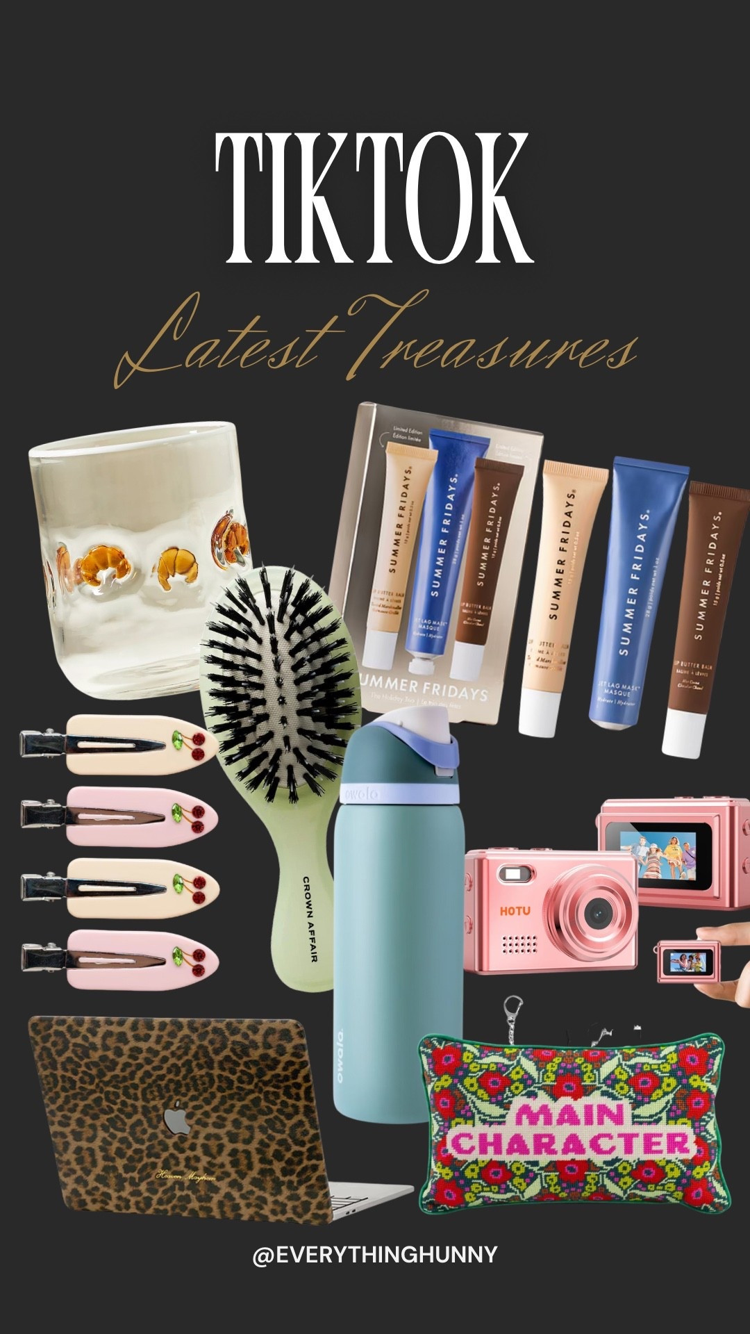 tiktok finds viral gifts holiday picks trending products beauty essentials summer fridays skincare hair brush aesthetic accessories mini camera leopard laptop cover main character pillow cute glass mug water bottle pastel style giftable