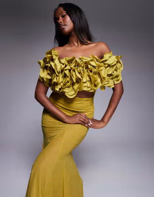 ASOS DESIGN off the shoulder flower detail maxi dress in olive | ASOS (Global)