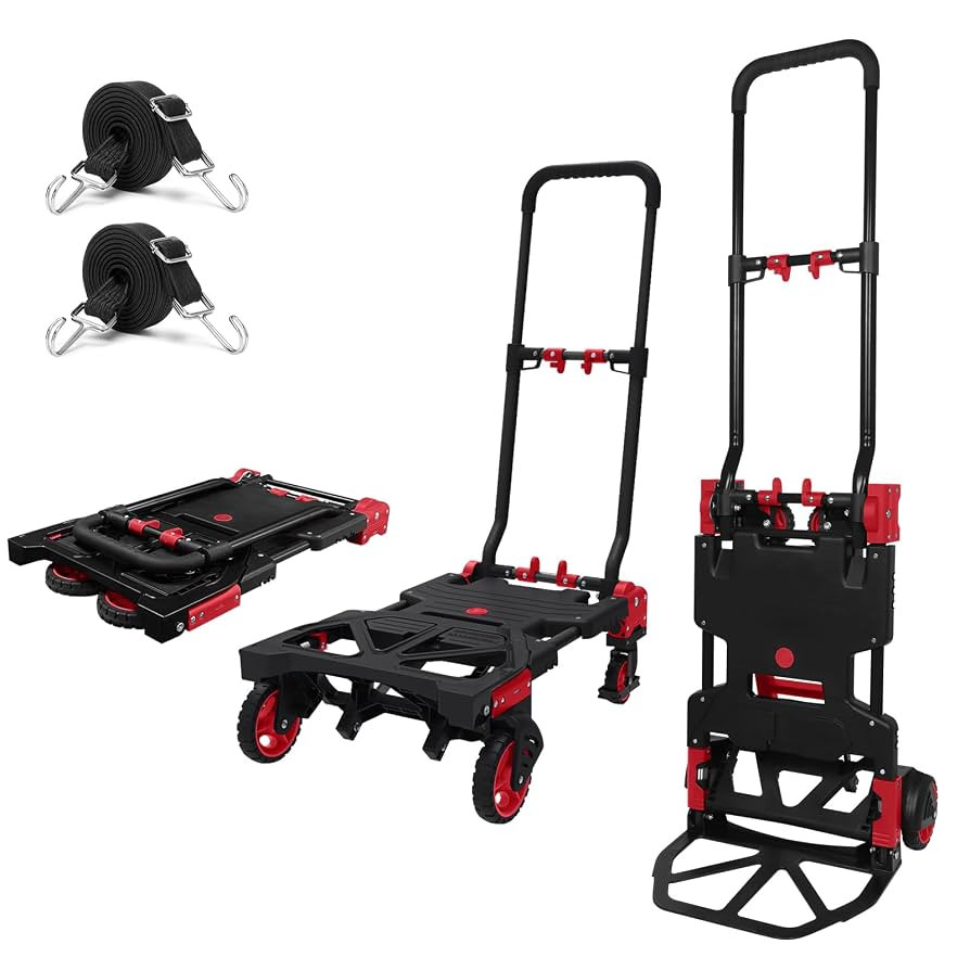 Folding Hand Truck 330lbs Capacity Heavy Duty Dolly Cart with 2 Elastic Bungee Rope,4 Rubber Whee... | Amazon (US)