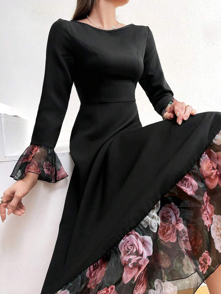 SHEIN Modely Women's Floral Patchwork Mesh Hem Long Sleeve Dress | SHEIN