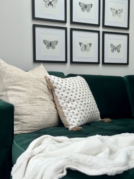 Cozy bedroom lounge area with green velvet sofa chaise couch, taupe and beige pillows, modern vintage gallery wall, and more. 
#gallerywall #vintageart #digitaldownloads #greencouch #greensofa #velvetcouch #velvetsofa 

#LTKhome #LTKunder100