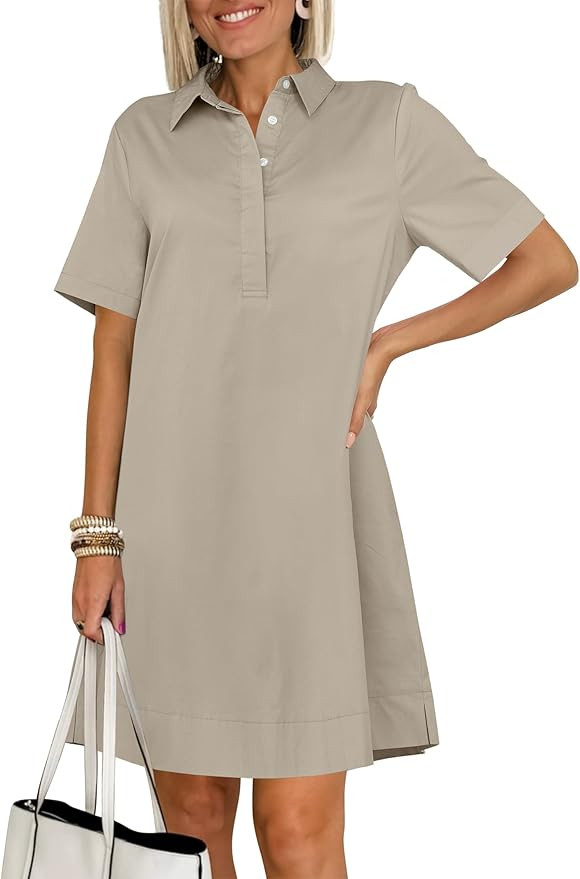 ANRABESS Women Button Down Shirts Dress Summer Casual Oversized Short Sleeve Mini Dresses with Po... | Amazon (US)