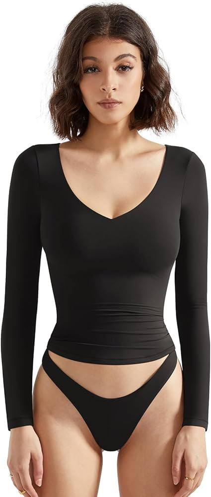 SUUKSESS Women Double Lined Casual V Neck Crop Tank Tops Basic Long Sleeve Shirts | Amazon (US)