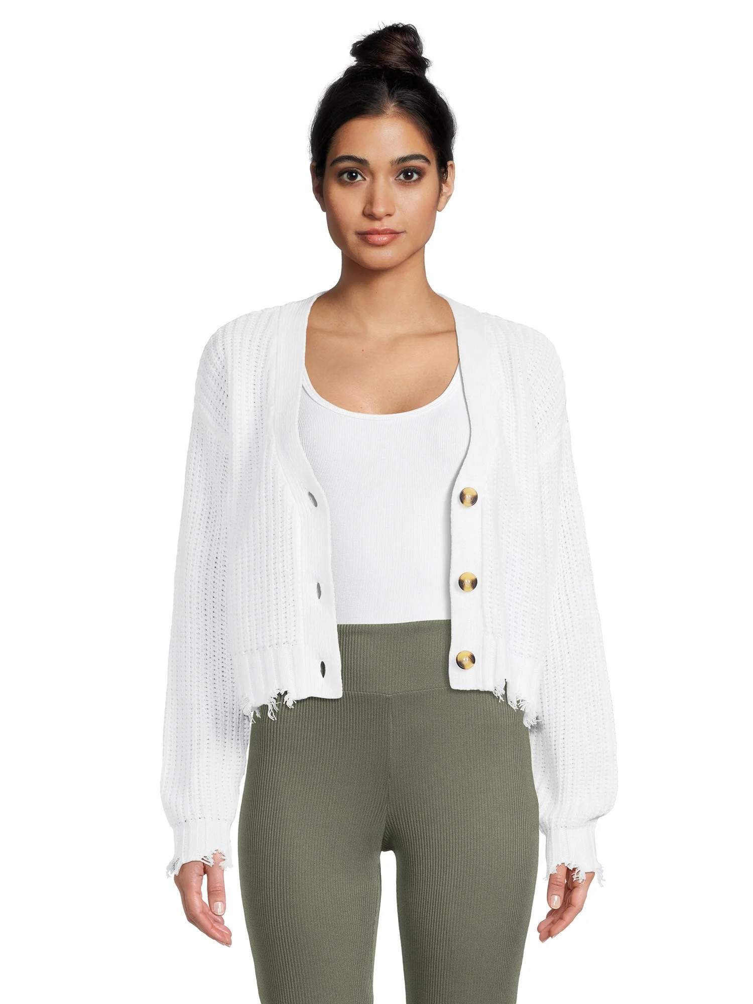 No Boundaries Juniors Frayed V-Neck Cardigan, Midweight | Walmart (US)