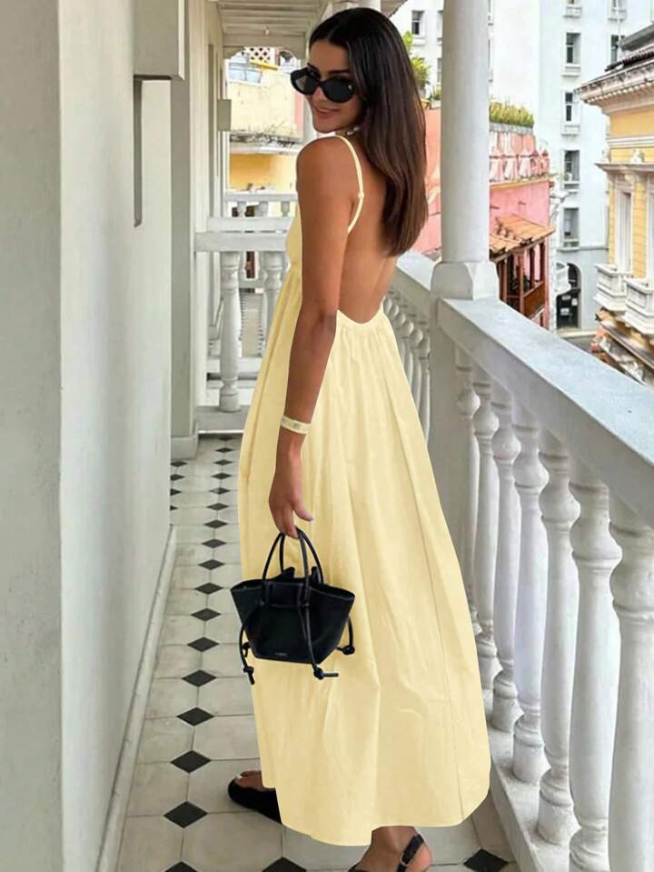 Elegant Women's Summer Spaghetti Strap Dress With Backless Design In Solid Color Perfect For Vacation, Parties, And Everyday Wear | SHEIN