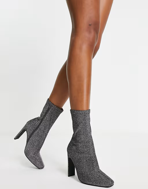 London Rebel square toe stiletto sock boots in pewter glitter | ASOS (Global)
