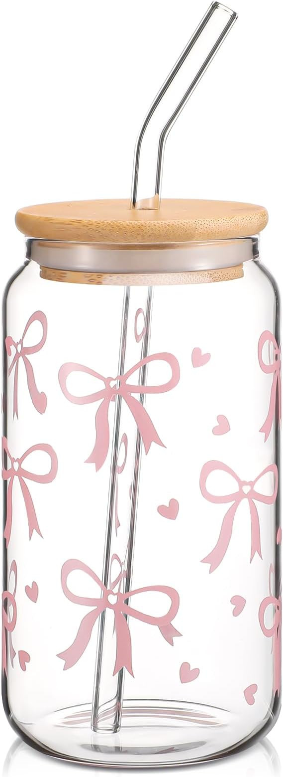 Hoolerry Coquette Bow Aesthetic Cup, 16 oz Dainty Pink Glass Cup with Lid and Straw, Vintage Bows... | Amazon (US)