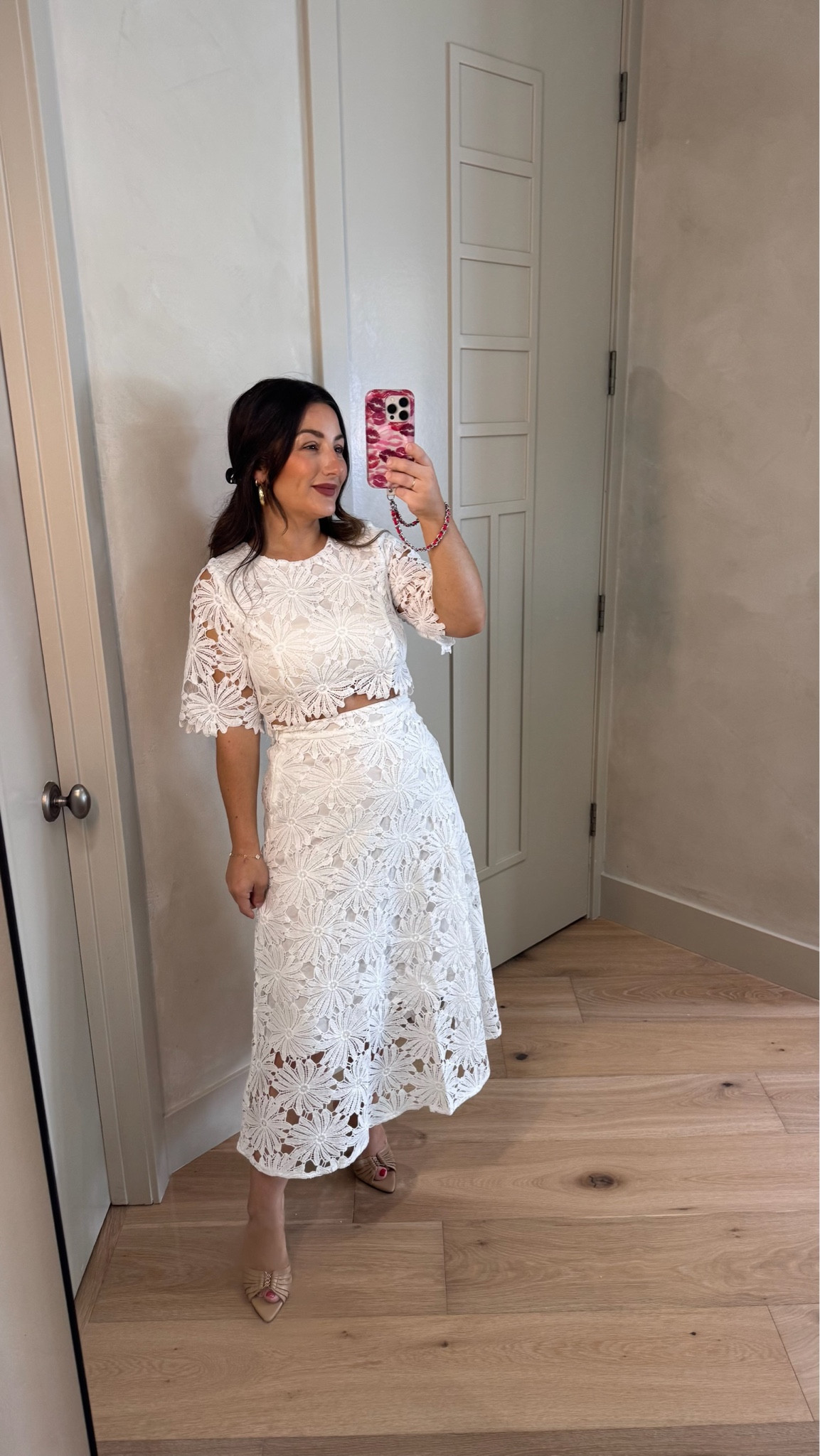 Gorgeous lace cropped top and skirt! Perfect for events this season! Showers, graduation, birthday dinner! 

I'm in a size small 
Runs TTS but slightly tight around the waist so size up if in between!

5'0" 140lbs 
Petite friendly

#LTKPetite #LTKTravel #LTKWedding