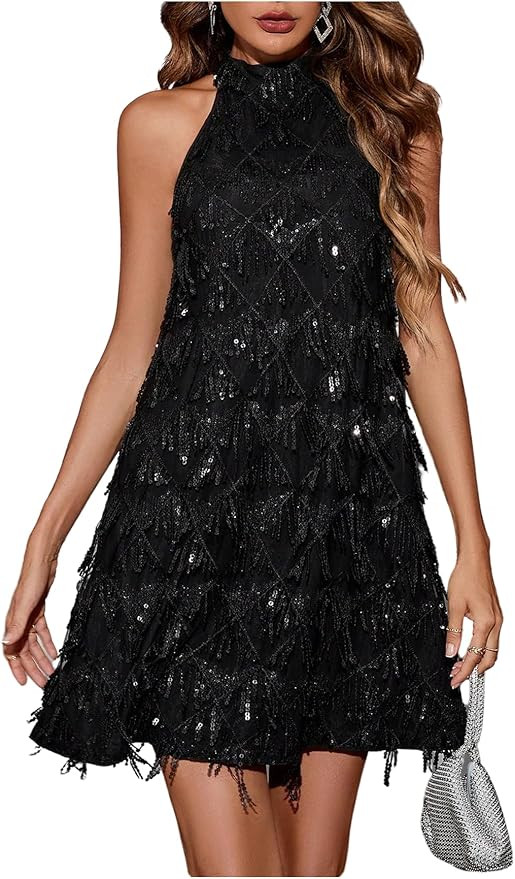 OYOANGLE Women's Sequin Sparkly Cocktail Party Dress Glitter Sleeveless Halter Mini Dress Outfits... | Amazon (US)